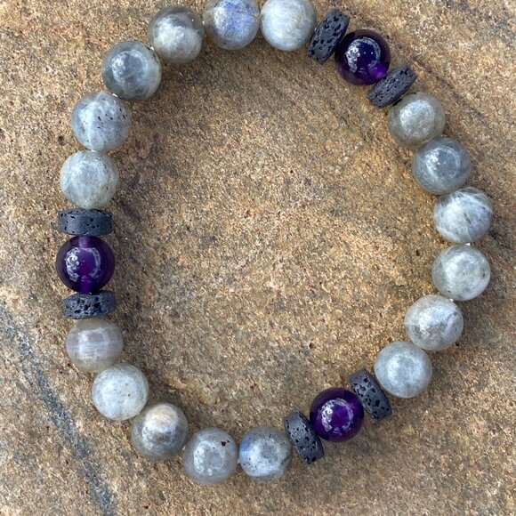 Wanderer and Gatherer - Labradorite, Lava, and Amethyst bracelet. 6.5" stretchy - Picture 2 of 4